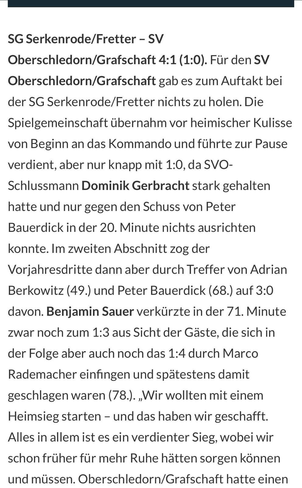 SG Serkenrode Fretter SV Oberschledon 4:1 Bericht FuPa