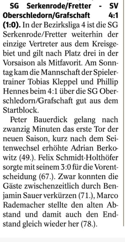 SG Serkenrode Fretter SV Oberschledon 4:1 Bericht WP Olpe